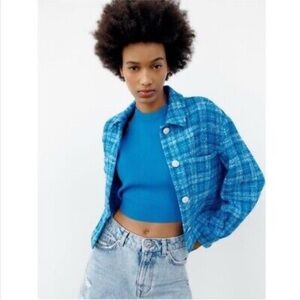 ZARA Plaid Tweed Crop Jacket with Rhinestone Buttons Size M